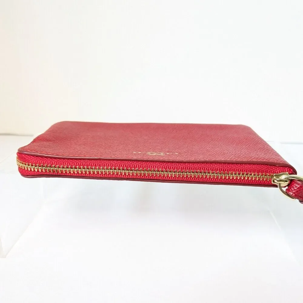 COACH Red Crossgrain Leather Small Wristlet Corner Zip Pouch Card Slots F58032